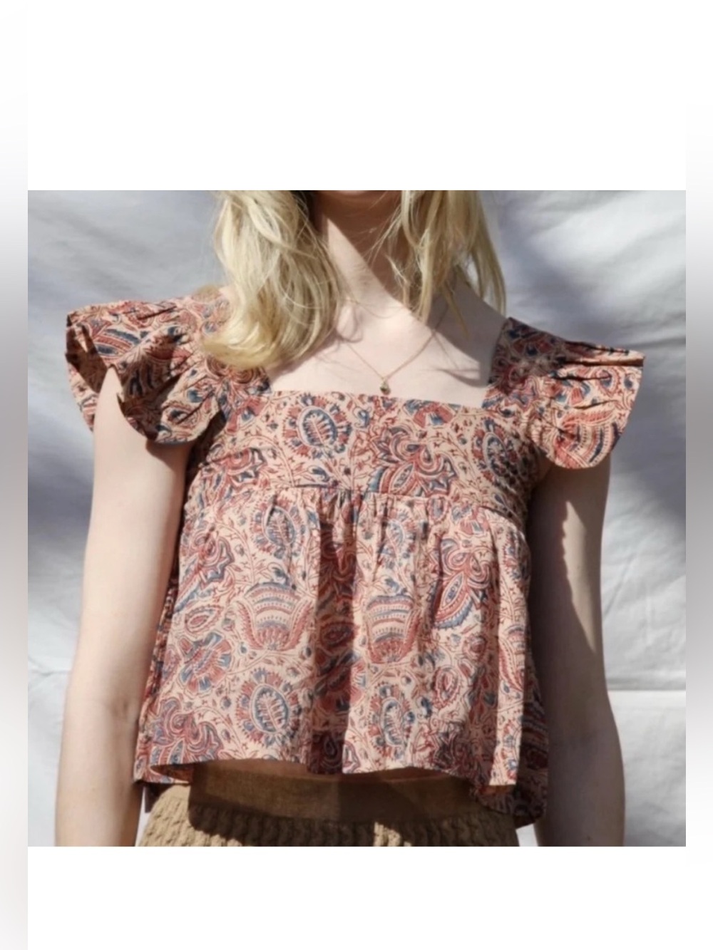 Matta Peach Paisley Ruffle-Sleeve Square-Neck Cotton Crop Top Sz S